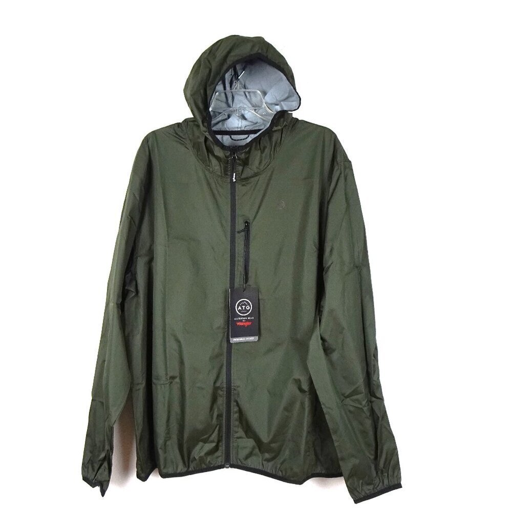 Wrangler ATG Rain Jacket Windbreaker Men's Size 2XL Green Hood Packable